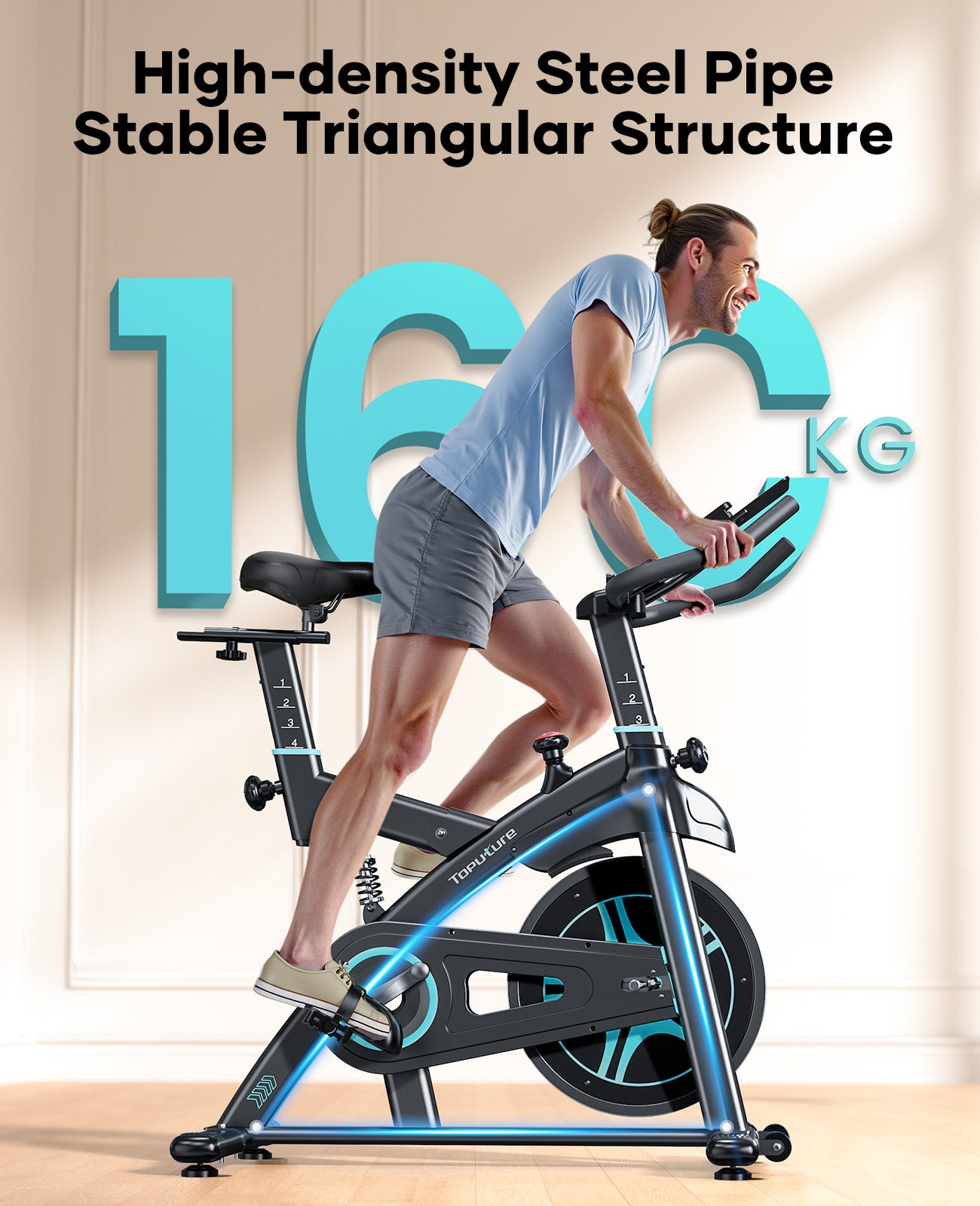 A man using a Toputure exercise bike, highlighting its robust 160kg user weight capacity for secure and stable workouts.