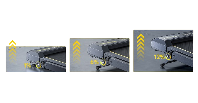 TP5 Treadmill showing three incline levels: 1%, 6%, and 12%, demonstrating versatile workout intensity options.
