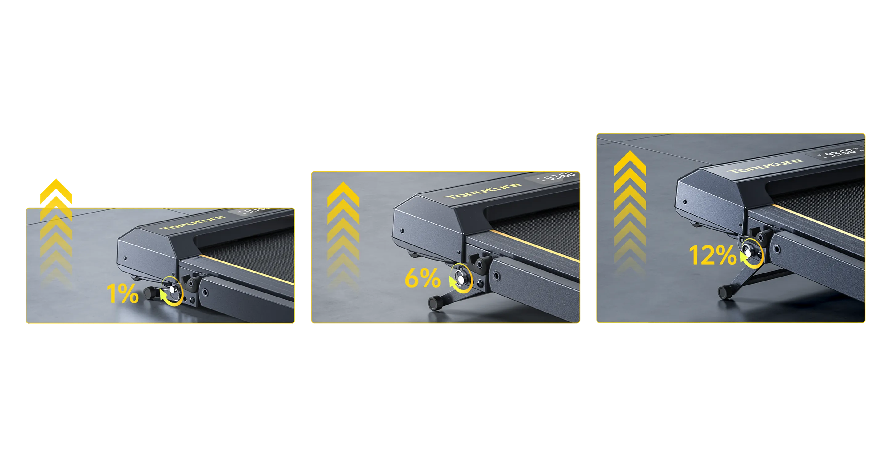 TP5 Treadmill showing three incline levels: 1%, 6%, and 12%, demonstrating versatile workout intensity options.
