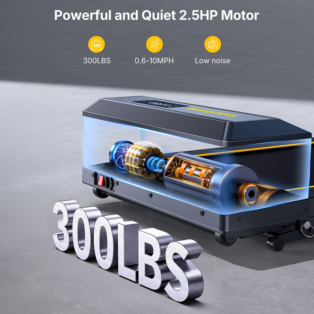 TP5 treadmill powered by a 2.5HP motor supporting up to 300 lbs, shown operating quietly.