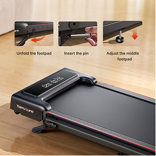A diagram showing the three simple steps to raise the treadmill's incline, with a final view of the machine fully elevated.