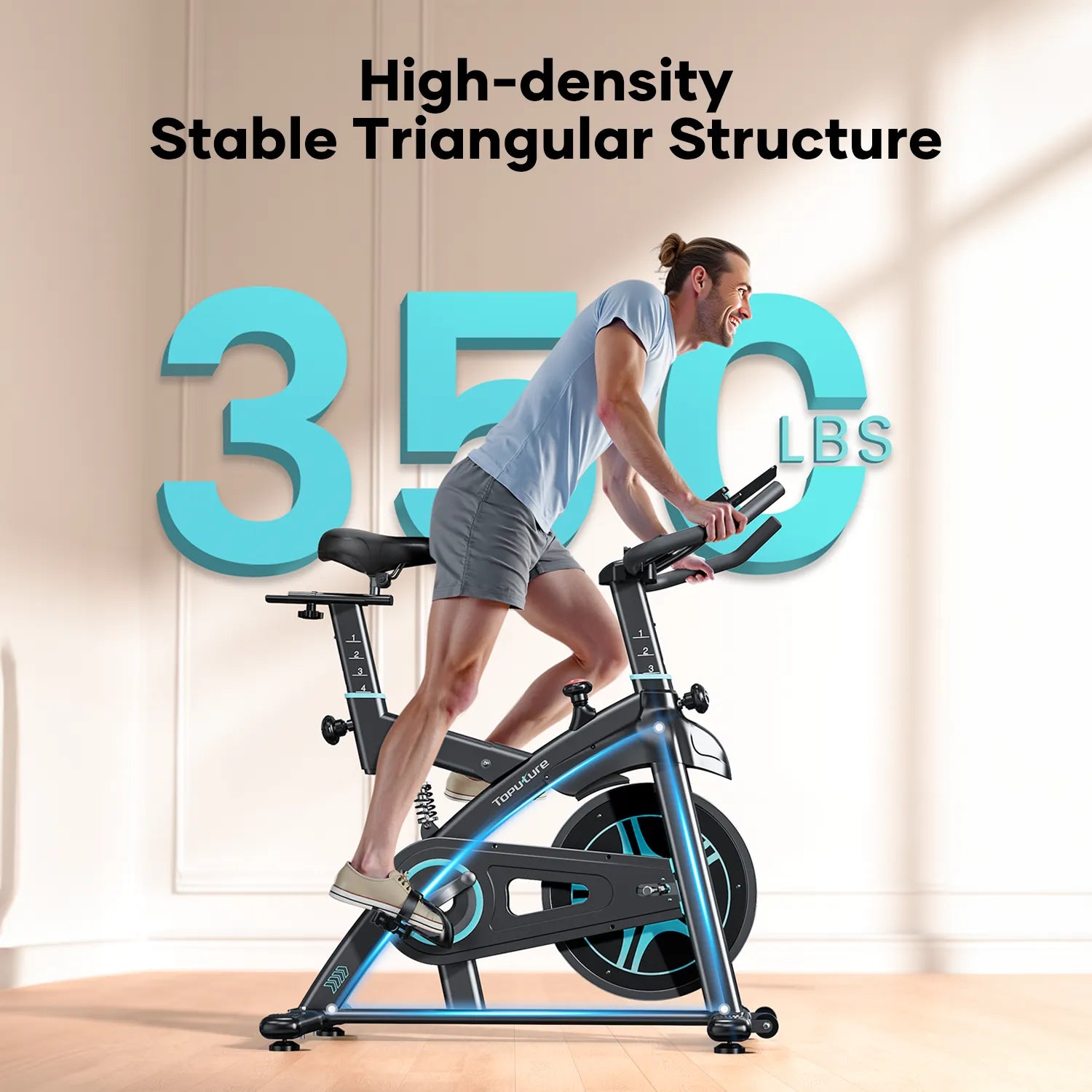 Person using a teb2 stationary bike with text highlighting 'High-density Stable Triangular Structure' and '350 LBS' capacity.