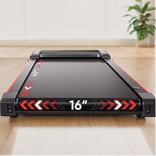 An eye-level view emphasizing the generous 40 by 16 inch running belt of this treadmill, providing ample space for a natural.