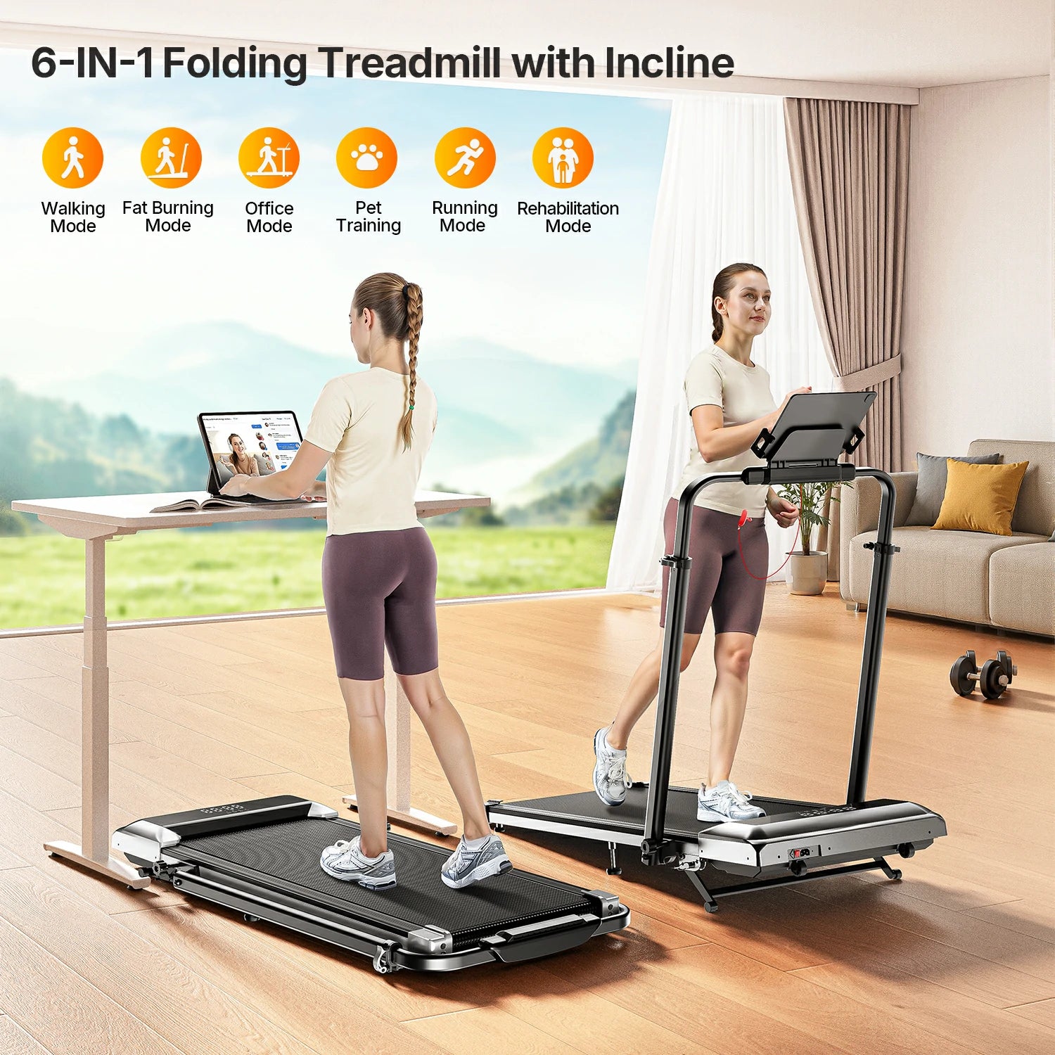 TP6 6-in-1 versatile treadmill with modes for running, walking, office, climbing, pet, and rehabilitation use. 