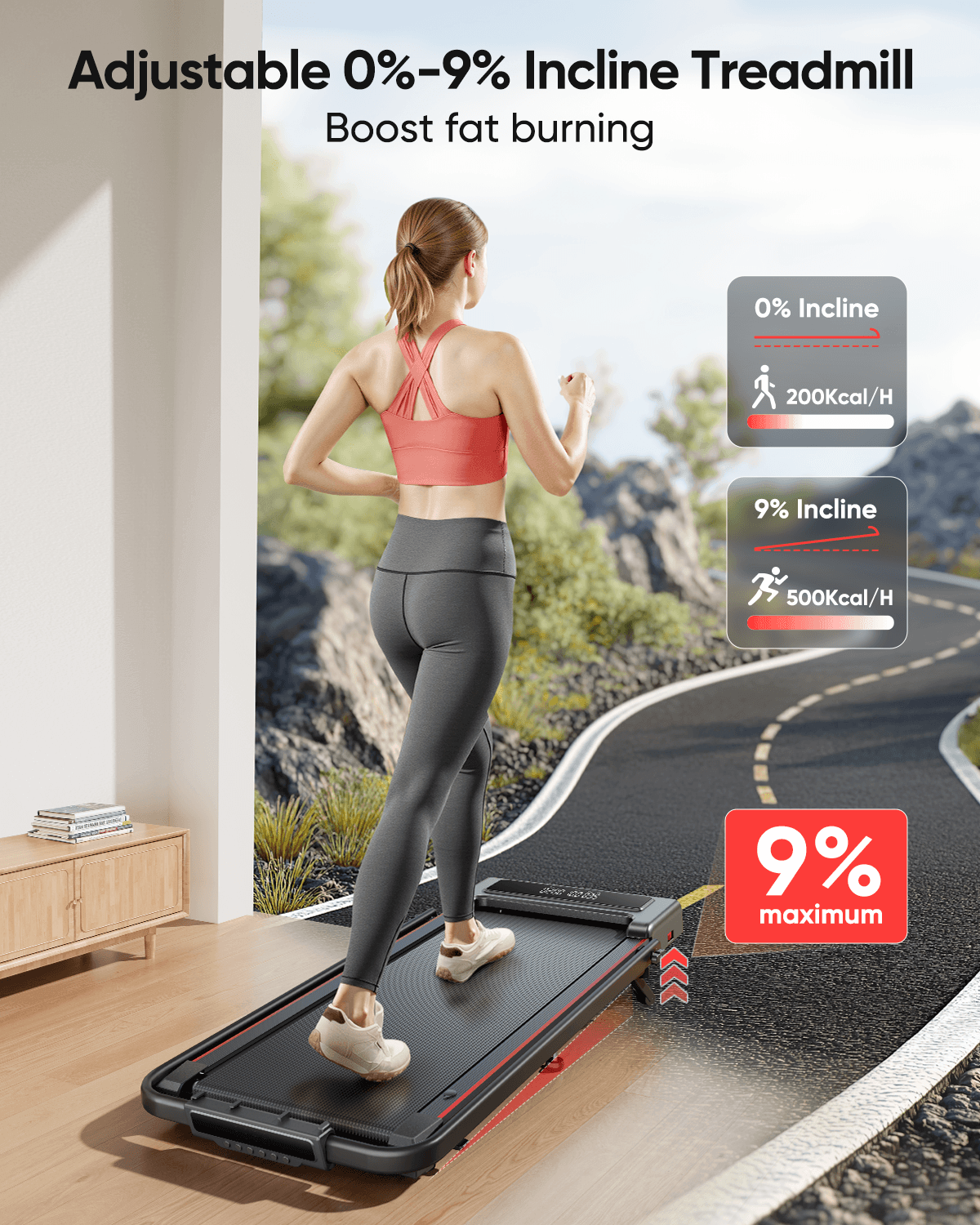 Toputure TP4 incline treadmill with adjustable 0%–9% manual incline for walking and running workouts.