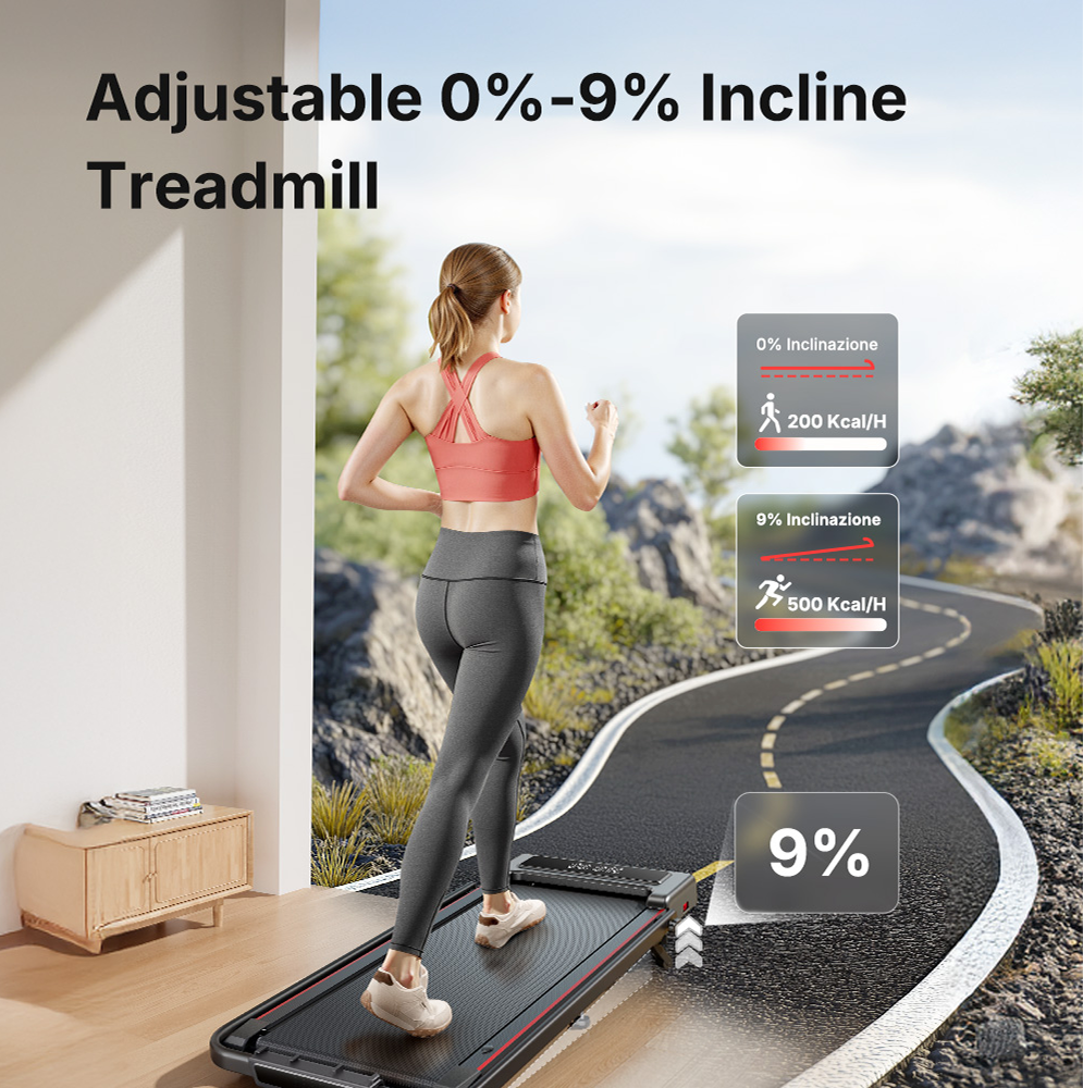 A woman walking uphill on the TP4 set to a 9% incline, demonstrating its ability to switch between flat walking and incline training