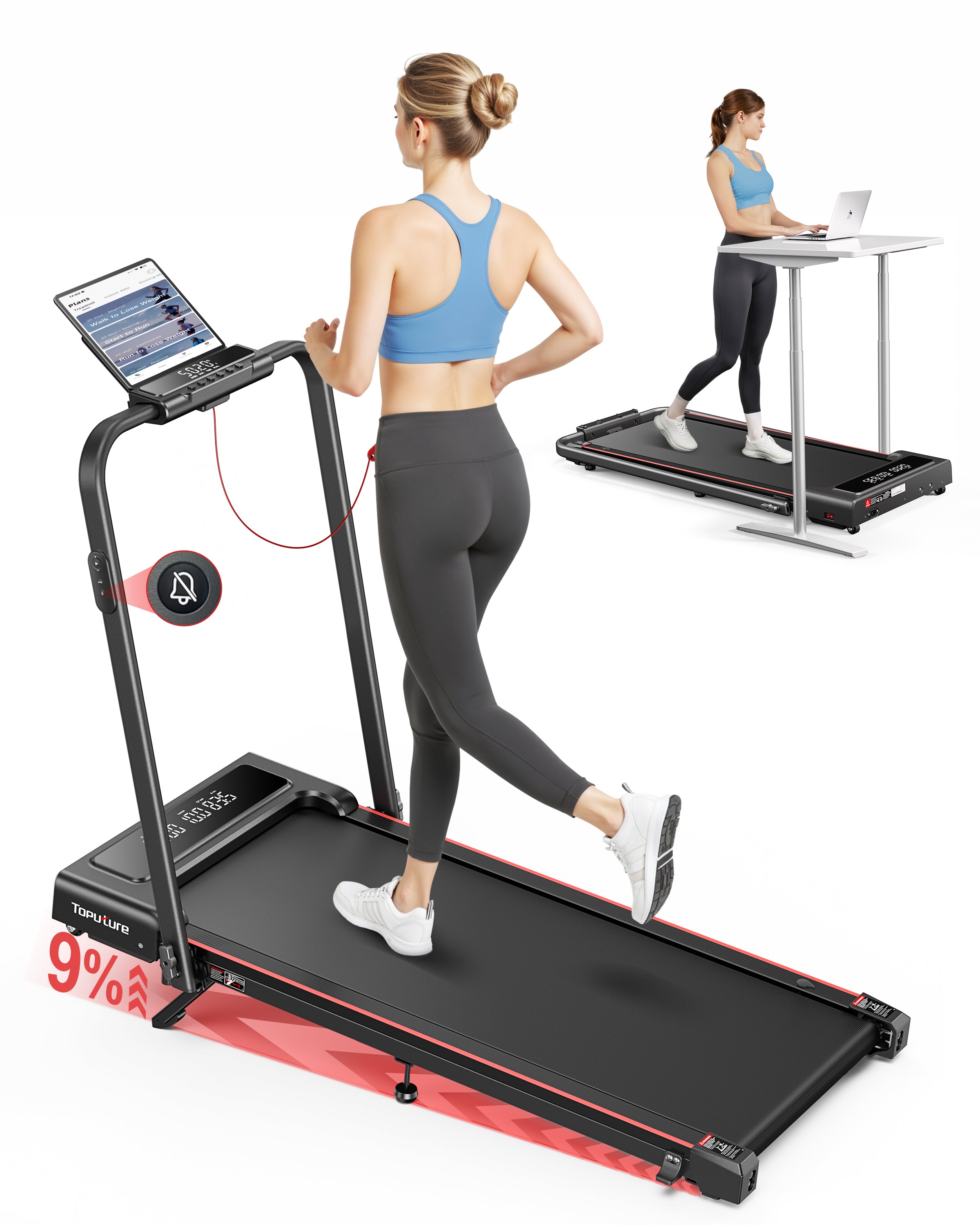 One person running on a treadmill at a 9% incline for intense training, while another person walks comfortably under a desk.