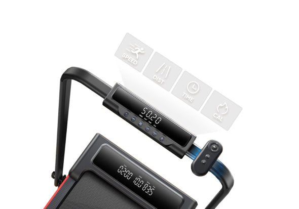 TP4's dual-screen display clearly shows key metrics: time, speed, distance, and calories burned, organized for easy viewing.
