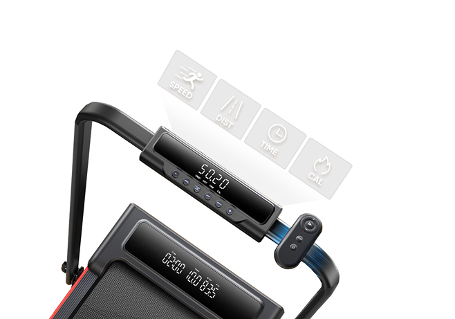 TP4's dual-screen display clearly shows key metrics: time, speed, distance, and calories burned, organized for easy viewing.
