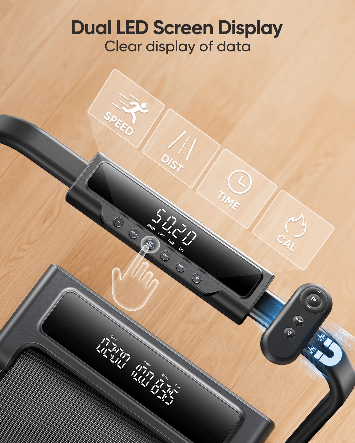 Toputure TP4 treadmill with dual LED displays for tracking speed, distance, time, and calorie data.