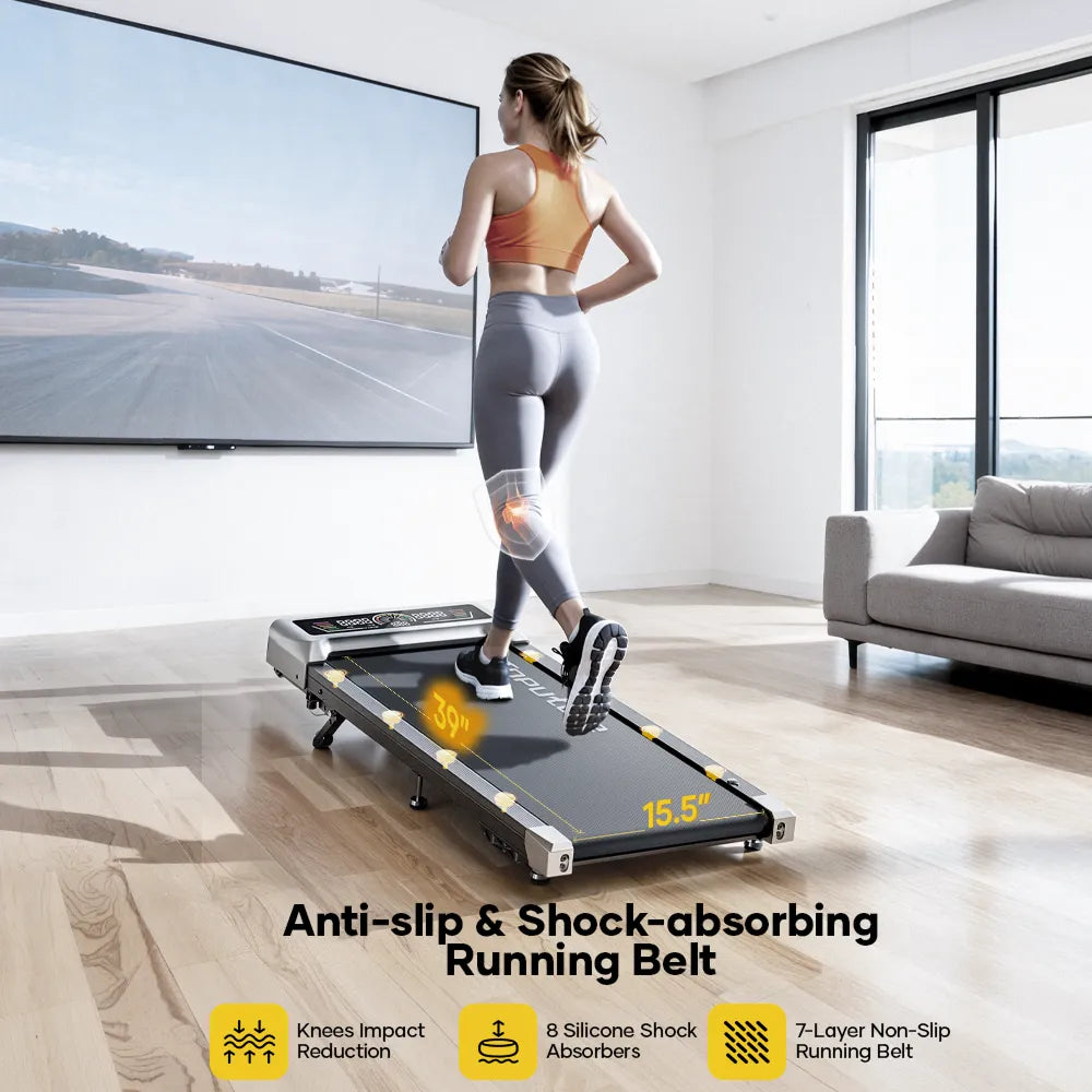 A woman runs on a TP8; the running belt cushions the impact and protects her knees.