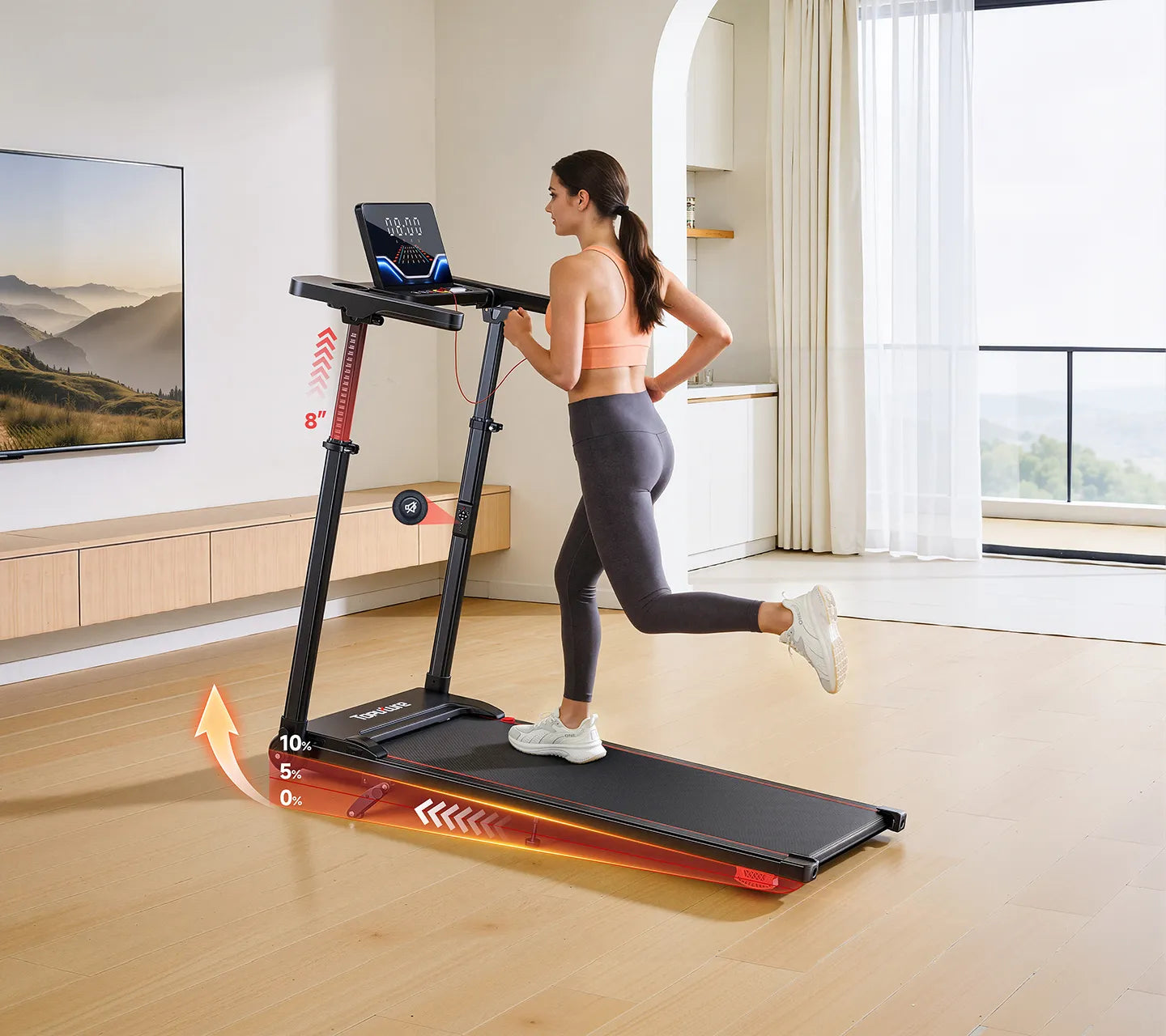 A woman running on a home treadmill with adjustable upright bars and incline settings, customizing her workout for varied intensity.
