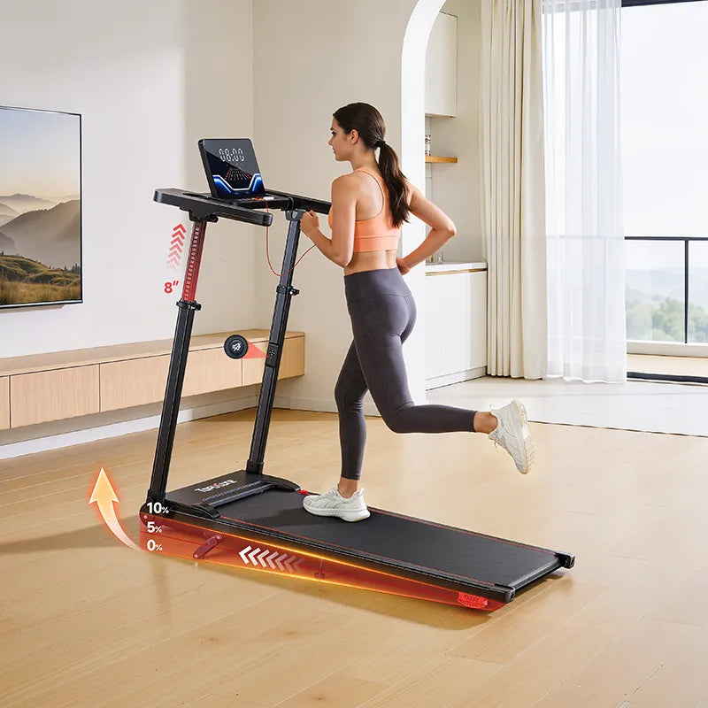 A woman running on a home treadmill with adjustable upright bars and incline settings, customizing her workout for varied intensity.
