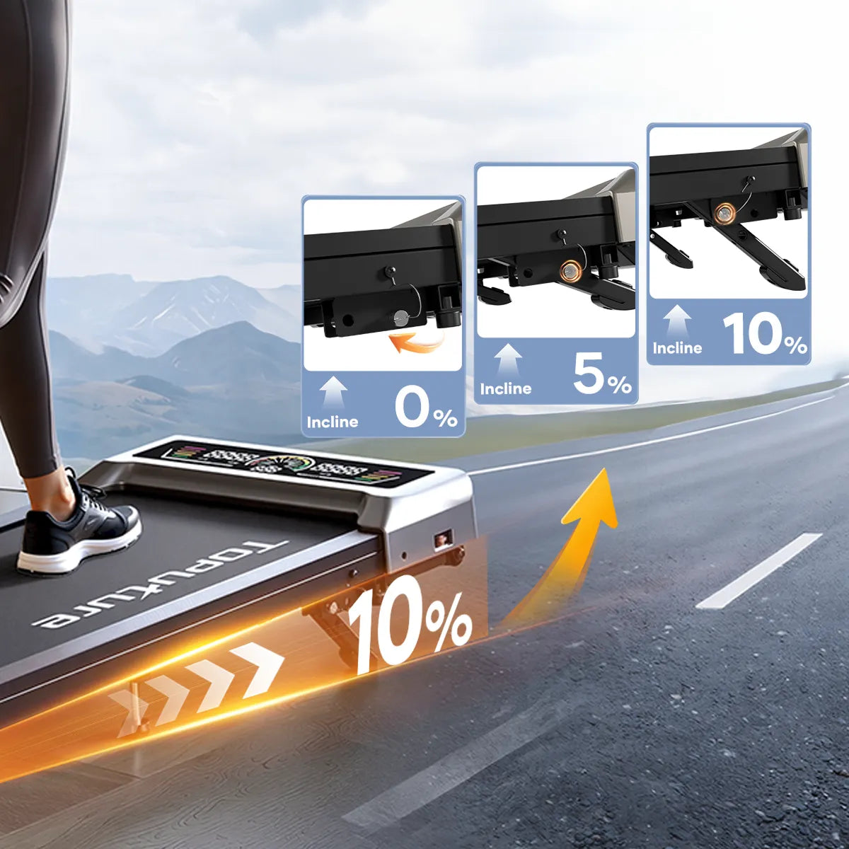 Three‑step visual guide showing how to adjust the walking pad’s incline: unfold, secure, lift—simple and tool‑free.