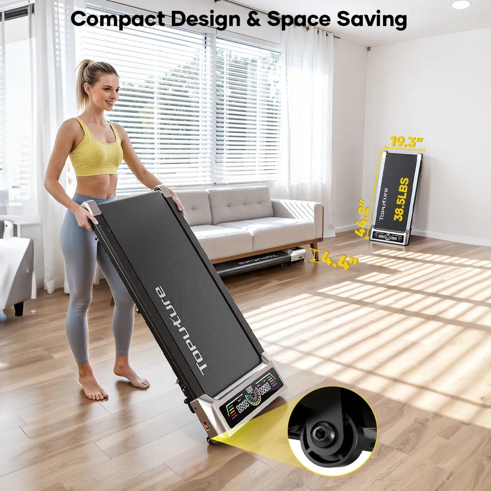A woman is pushing a TP8 treadmill at home. The treadmills, placed under the sofa and against the wall, take up very little space.