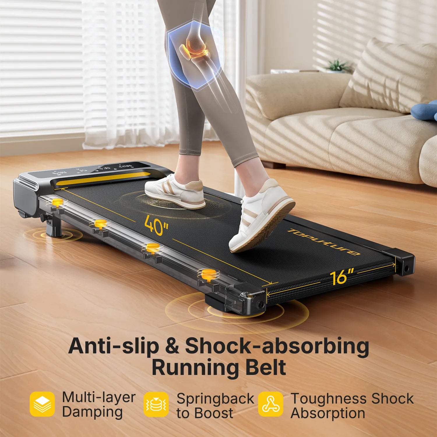 This compact TP2 walking pad saves space and is easy to move. It stores vertically against a wall or under a sofa.