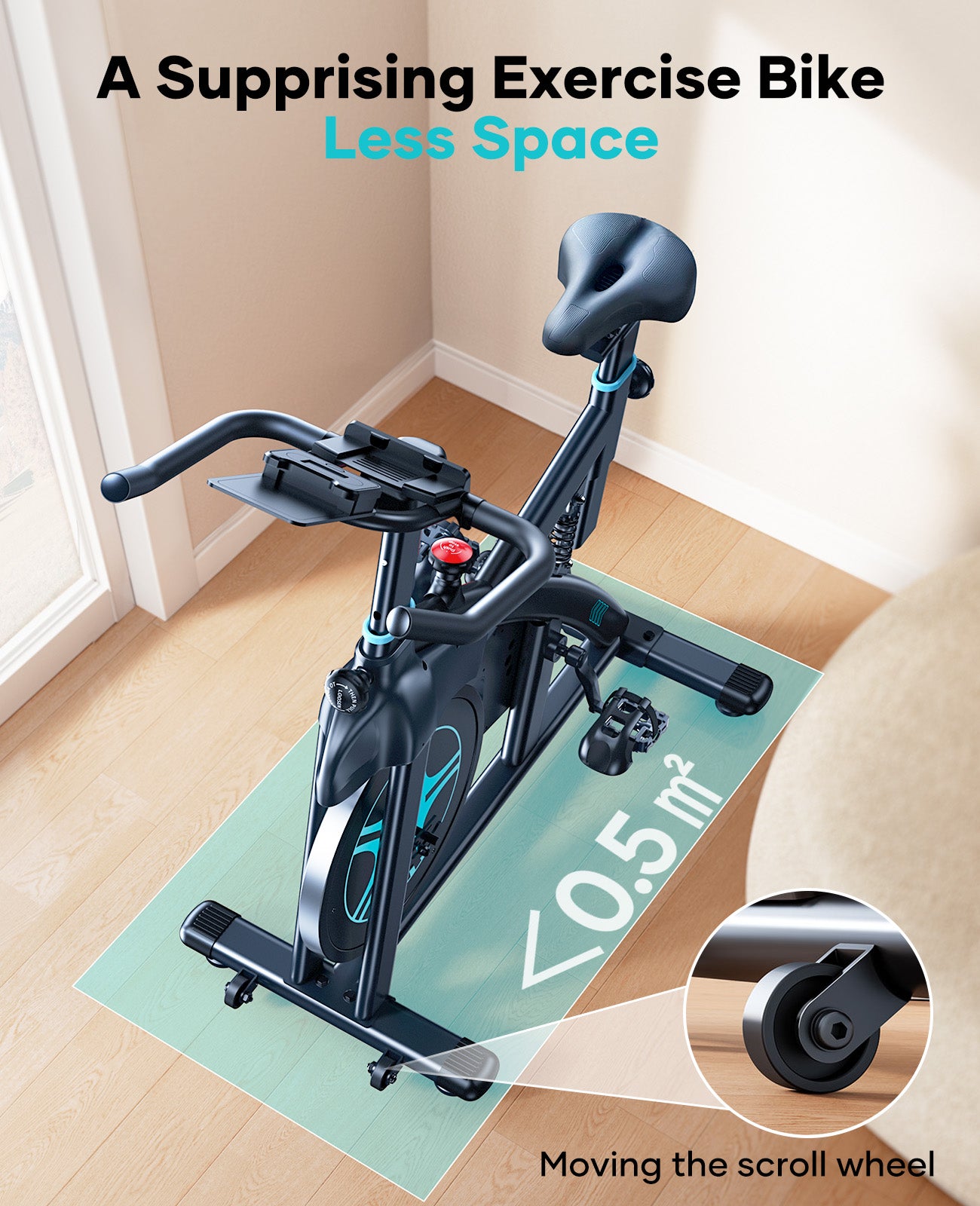 TEB2 exercise bike fits in 0.5 sqm and has quiet, built-in wheels for easy storage.