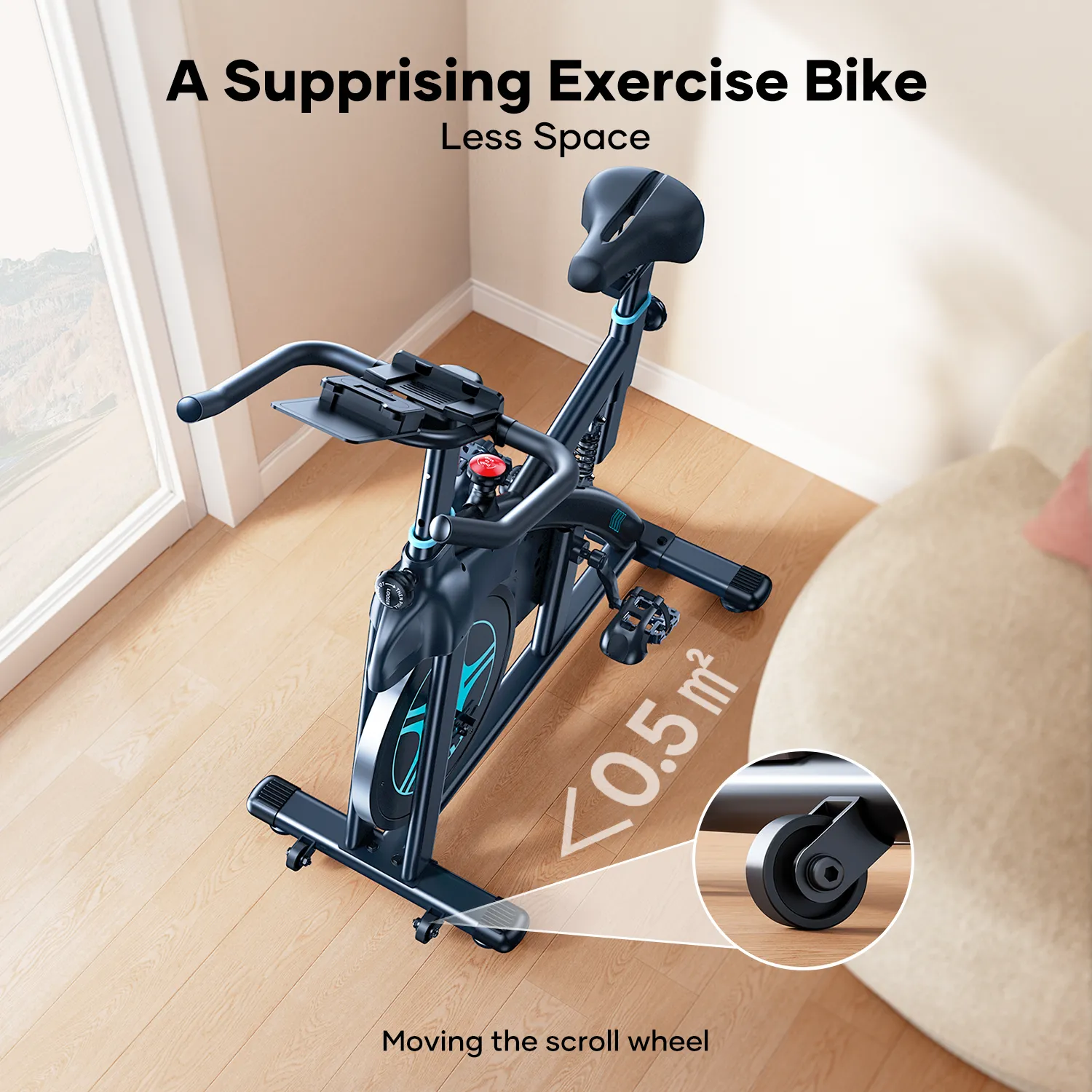 Compact exercise bike with space-saving feature on a wooden floor.