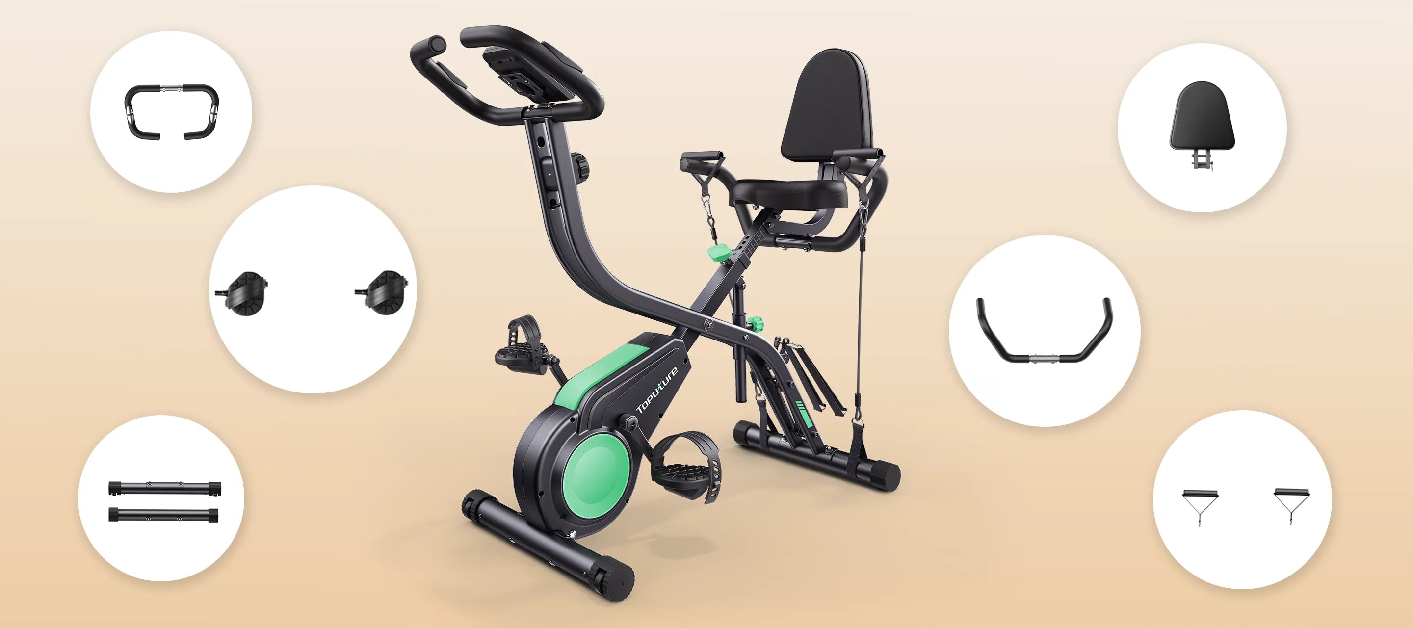 Central view of the TEB4 exercise bike with its key accessories displayed on both sides: water bottle holder, tablet mount, and resistance dial overlay.