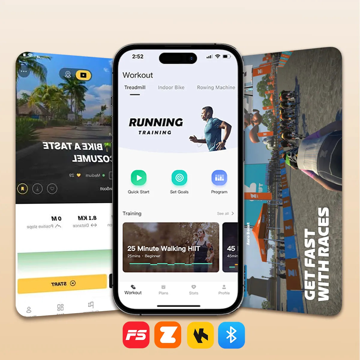 Visual of three popular fitness app screens – FitShow, Zwift, and Kinomap – compatible via Bluetooth for immersive, interactive workouts.