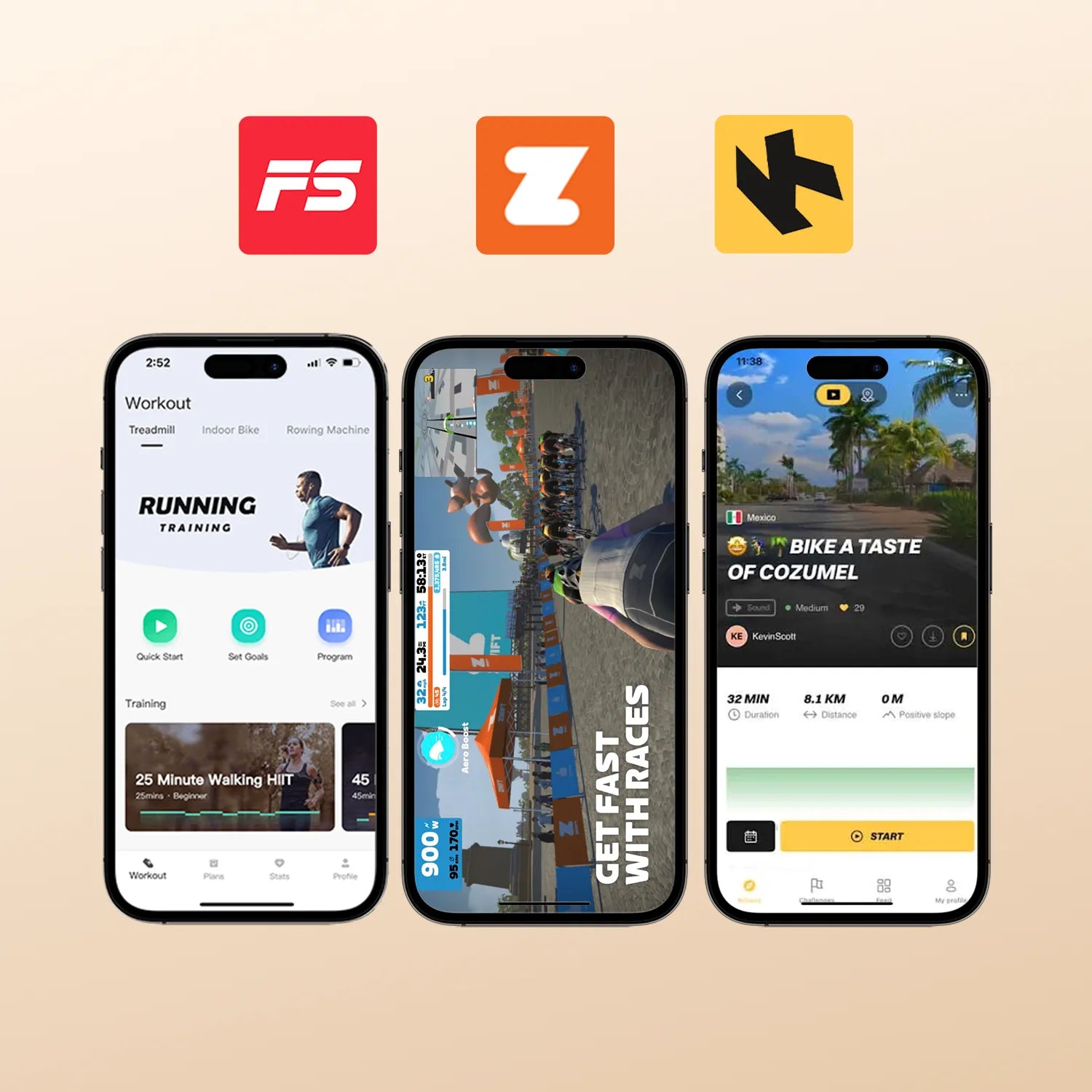 Three smartphone screens displaying different apps with app icons above on a beige background