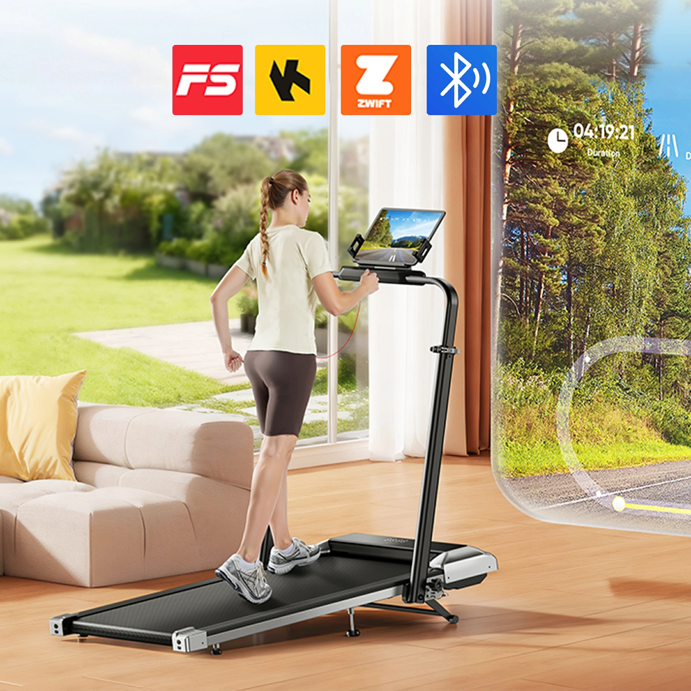 A woman running on a home treadmill, with Bluetooth and app icons above showing compatibility with FitShow, Kinomap, and Zwift.