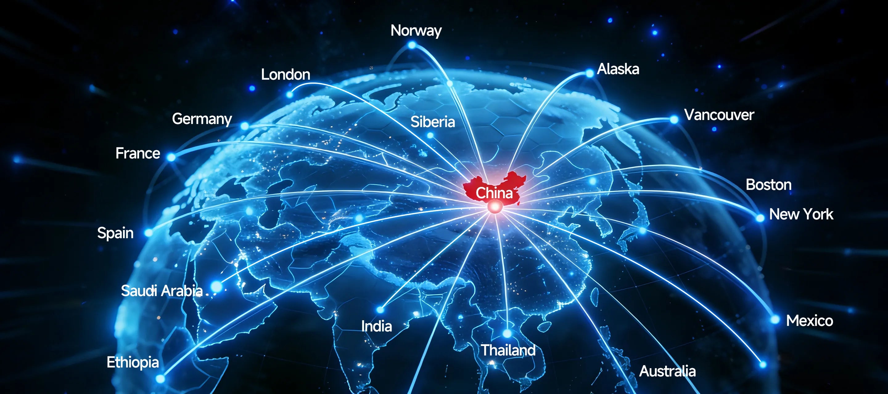 Blue map background with white shipping lines radiating from China to global destinations, illustrating worldwide delivery service.
