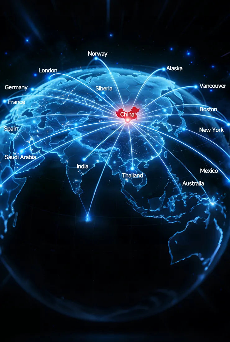 Blue map background with white shipping lines radiating from China to global destinations, illustrating worldwide delivery service.
