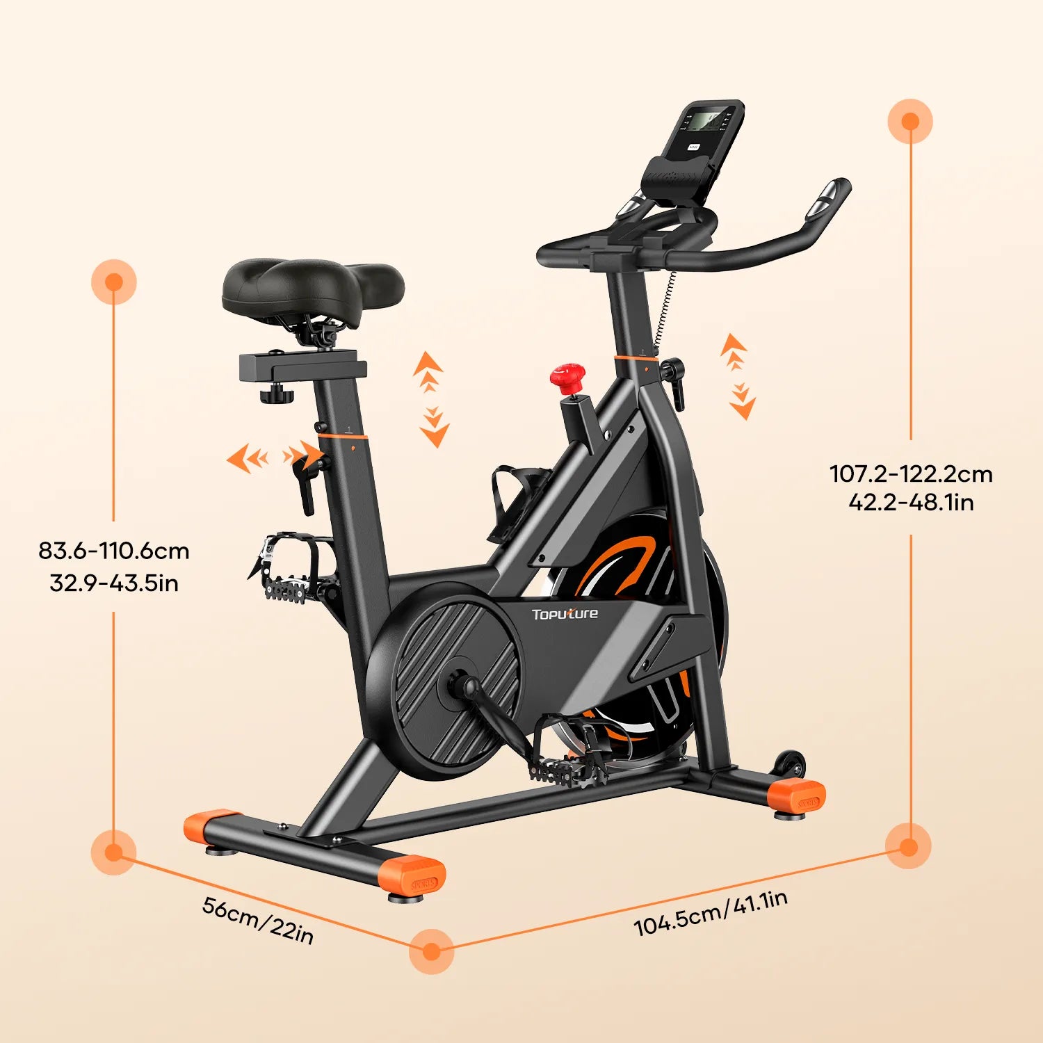 Incline bike with dimensions marked on a beige background.