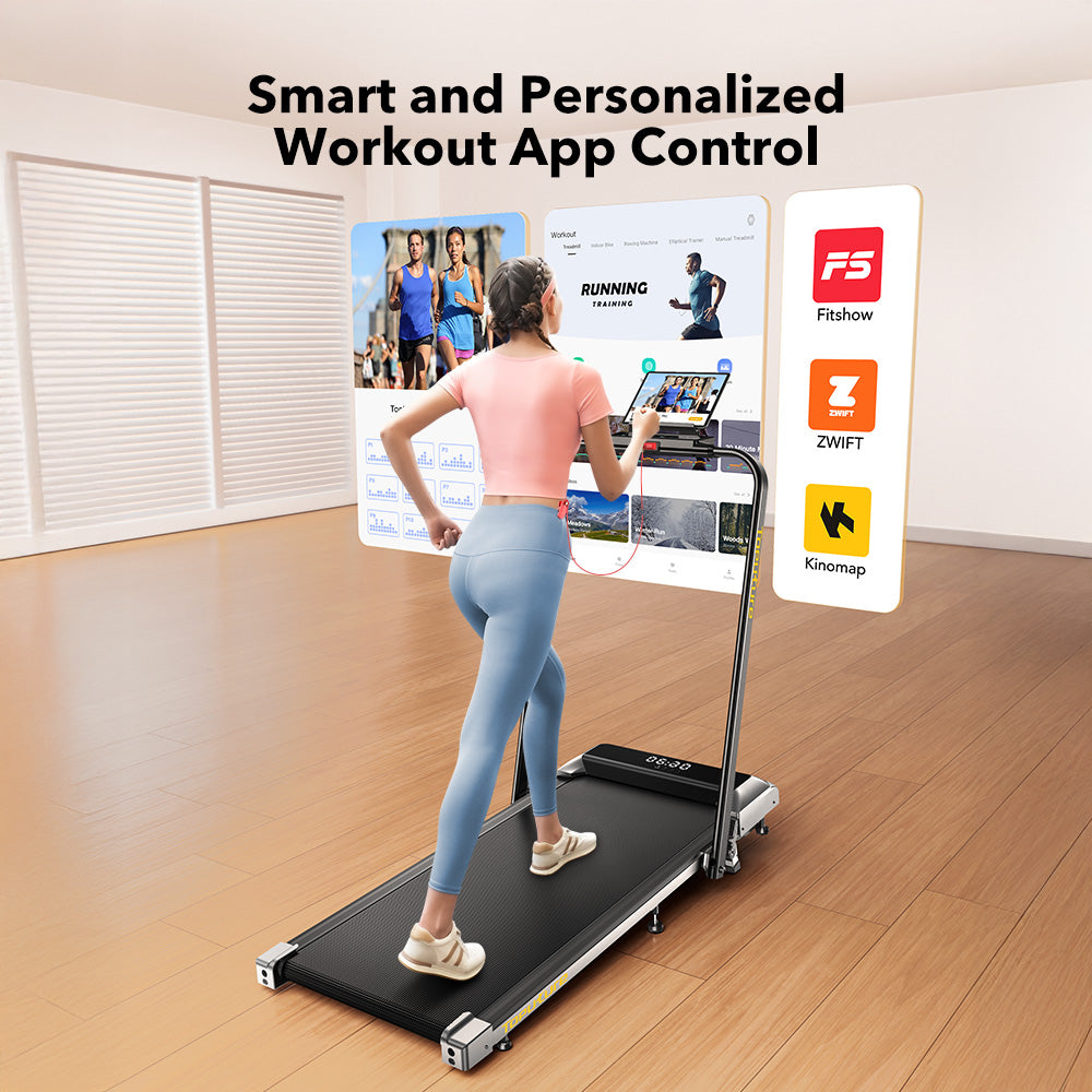 Woman using a TP2 treadmill with a smart and personalized workout app control interface.