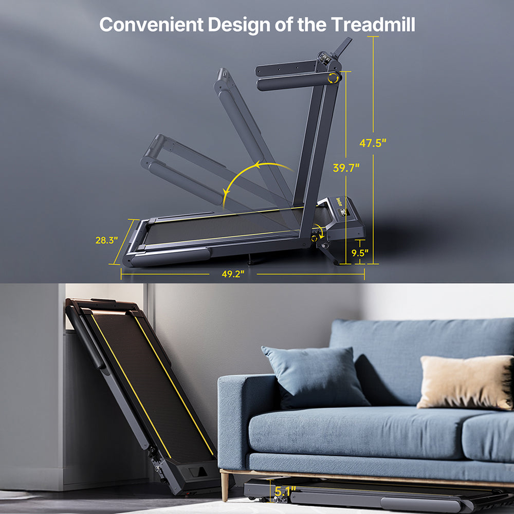 TP5 treadmill with a handrail that easily folds upright.It can be placed under the sofa or stood in a corner.