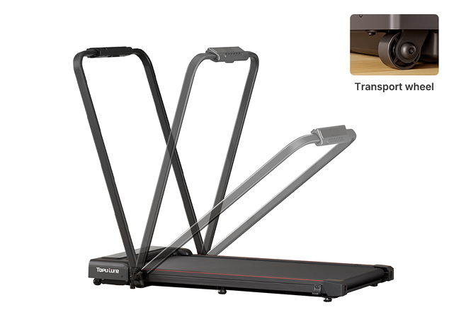 The TP4 features built-in wheels for quiet rolling and a sturdy stand for vertical storage.
