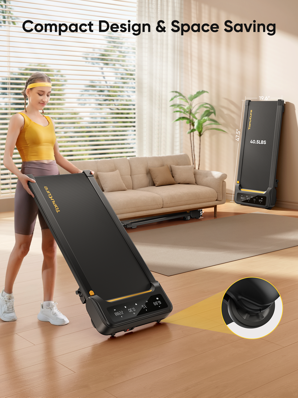 TP3 walking pad stores vertically against a wall and features built-in wheels for easy moving from room to room.