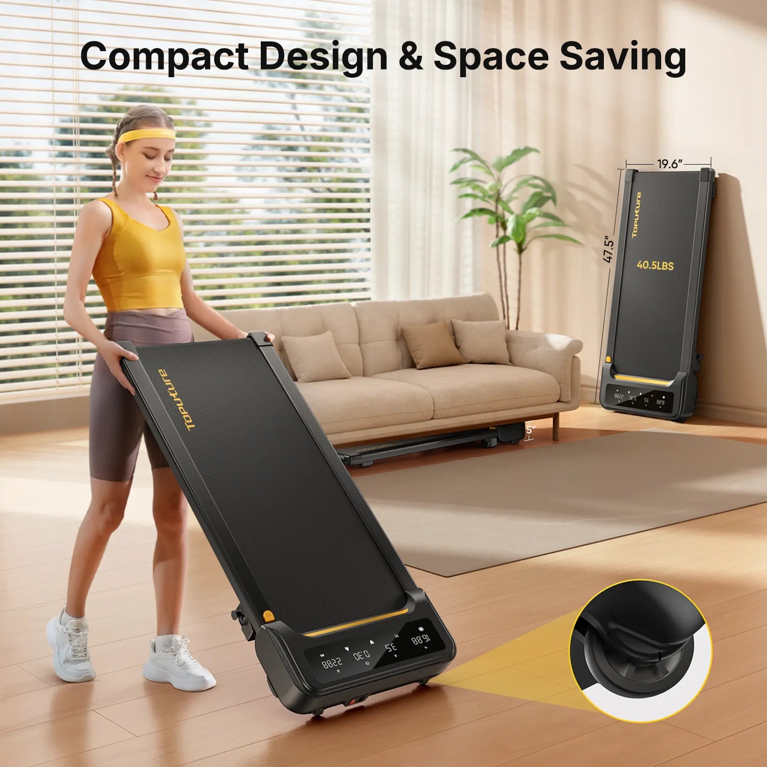 TP3 walking pad stores vertically against a wall and features built-in wheels for easy moving from room to room.