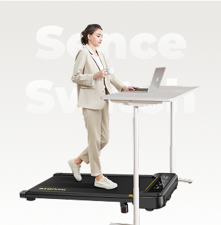 A professional uses a Toputure treadmill at their desk, combining work and exercise.
