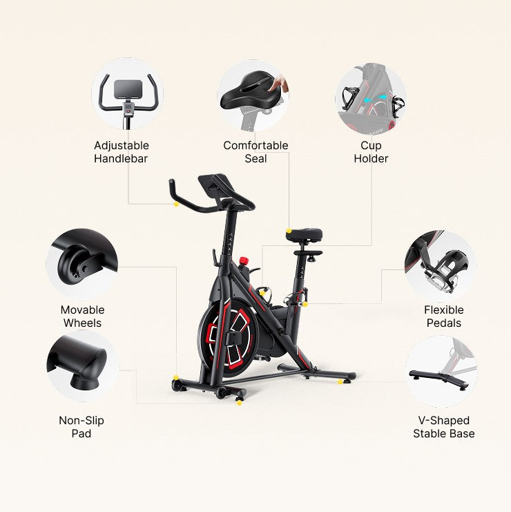 Exploded diagram of TEB1 exercise bike with callouts highlighting key components: seat adjustment mechanism, magnetic resistance system, flywheel, and console.