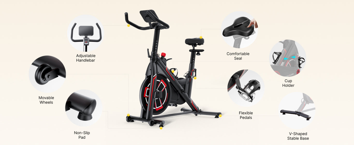 Exploded diagram of TEB1 exercise bike with callouts highlighting key components: seat adjustment mechanism, magnetic resistance system, flywheel, and console.