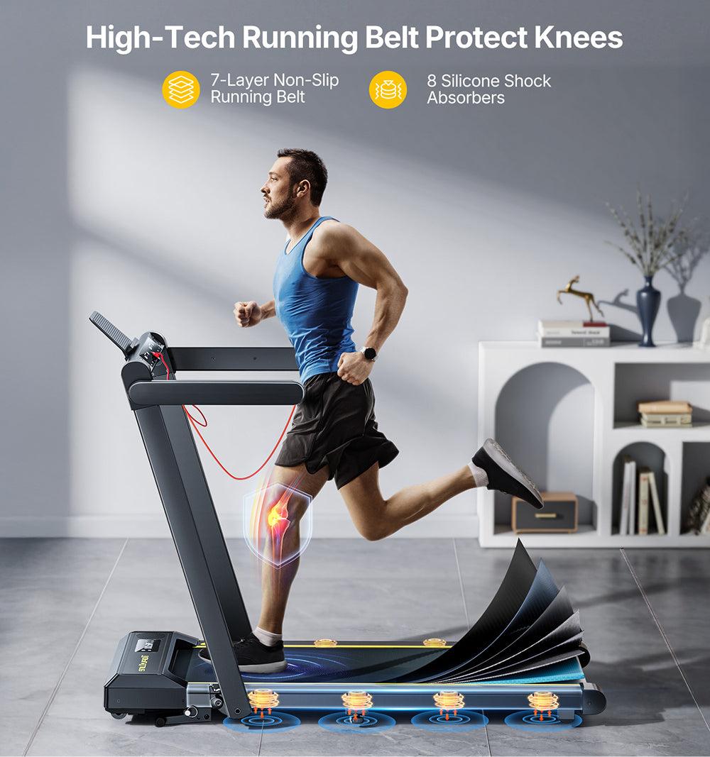 A runner training on TP5 treadmill equipped with 8 shock-absorbing points and a 7-layer cushioning running belt.