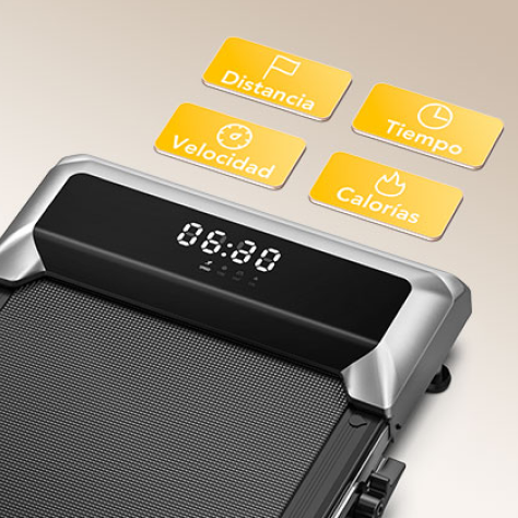 Close-up of the Toputure walking pad display, showing real-time workout data: time, speed, distance, and calories burned.