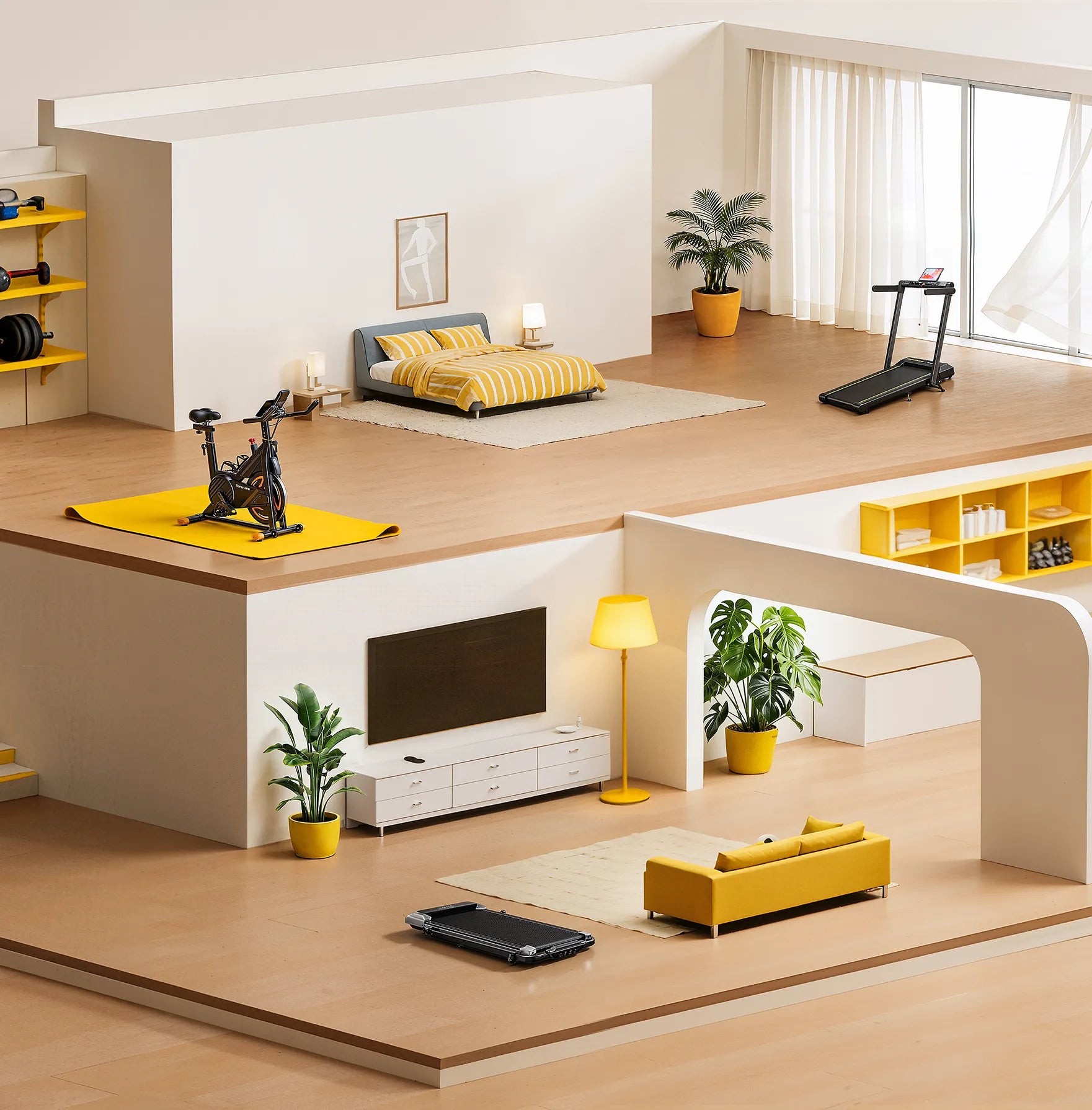 3D home layout showing two treadmills and one walking pad placed naturally in living spaces, illustrating how fitness blends into daily family life.