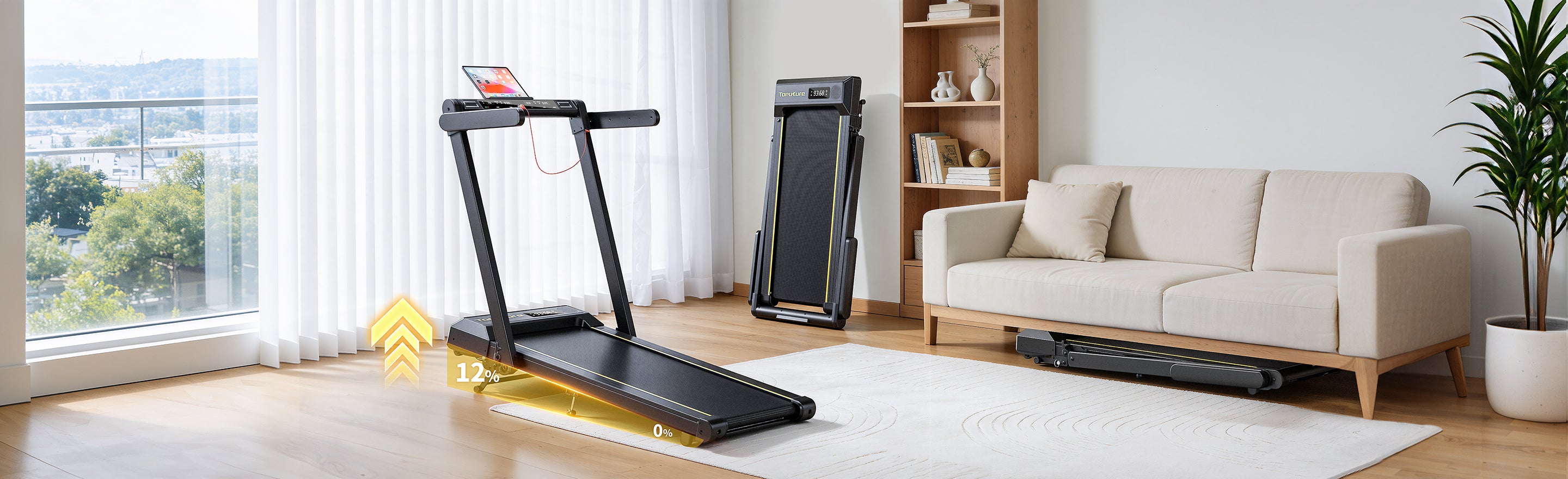 Three treadmills stored in a living room: under the sofa, against the wall, and on the mat with a 12% incline.