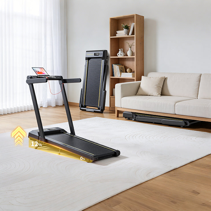 hree treadmills stored in a living room: under the sofa, against the wall, and on the mat with a 12% incline.