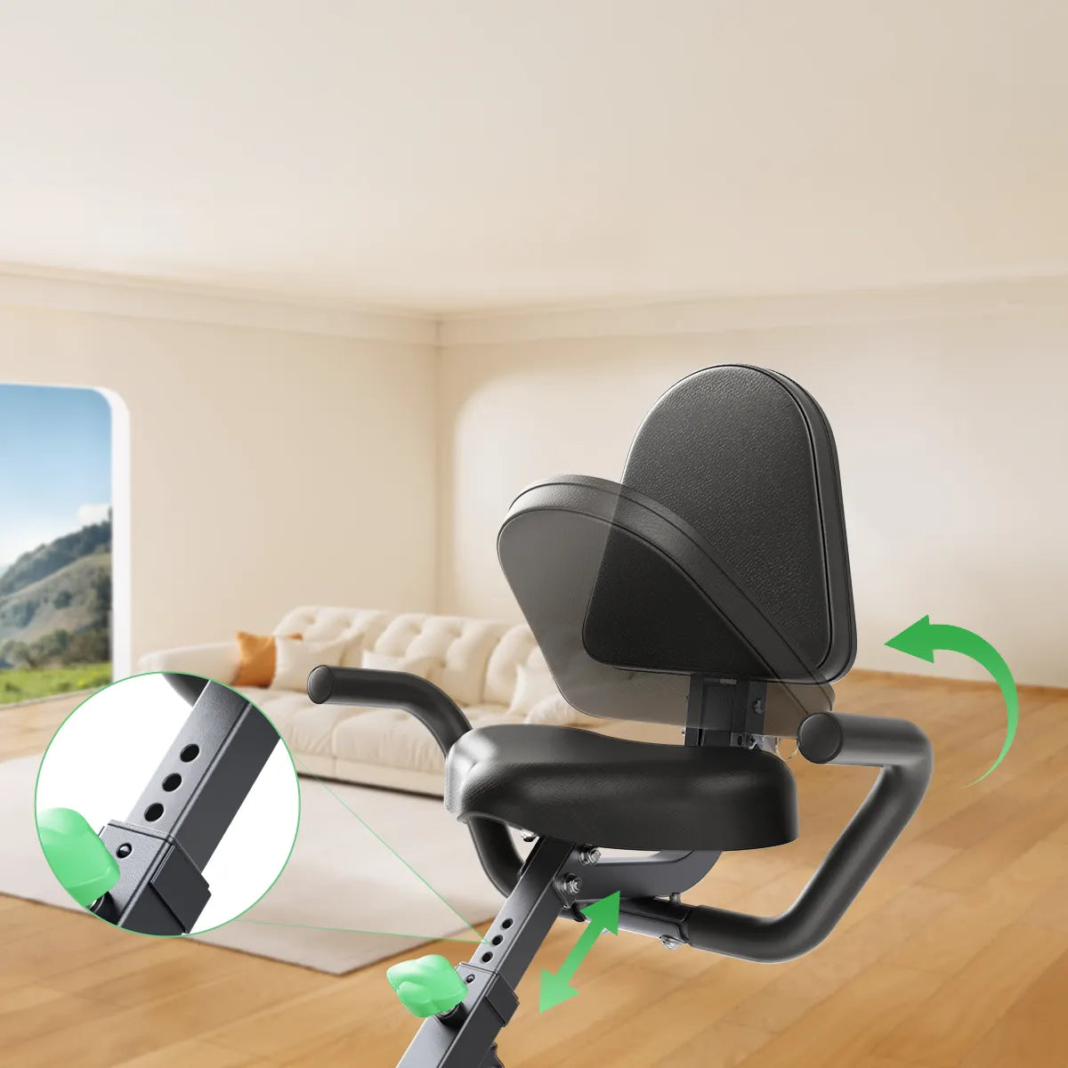 Close-up of the TEB4 exercise bike seat with seven‑height adjustment, a high backrest, and rear handles, showing versatile positioning for custom comfort.
