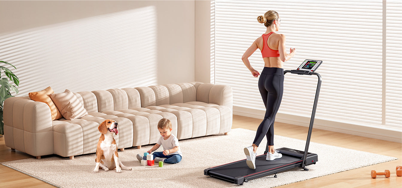 A woman incorporates movement into her daily routine by walking on TP4, making fitness a natural part of her lifestyle.
