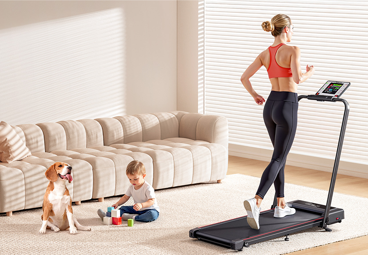 A woman incorporates movement into her daily routine by walking on TP4, making fitness a natural part of her lifestyle.
