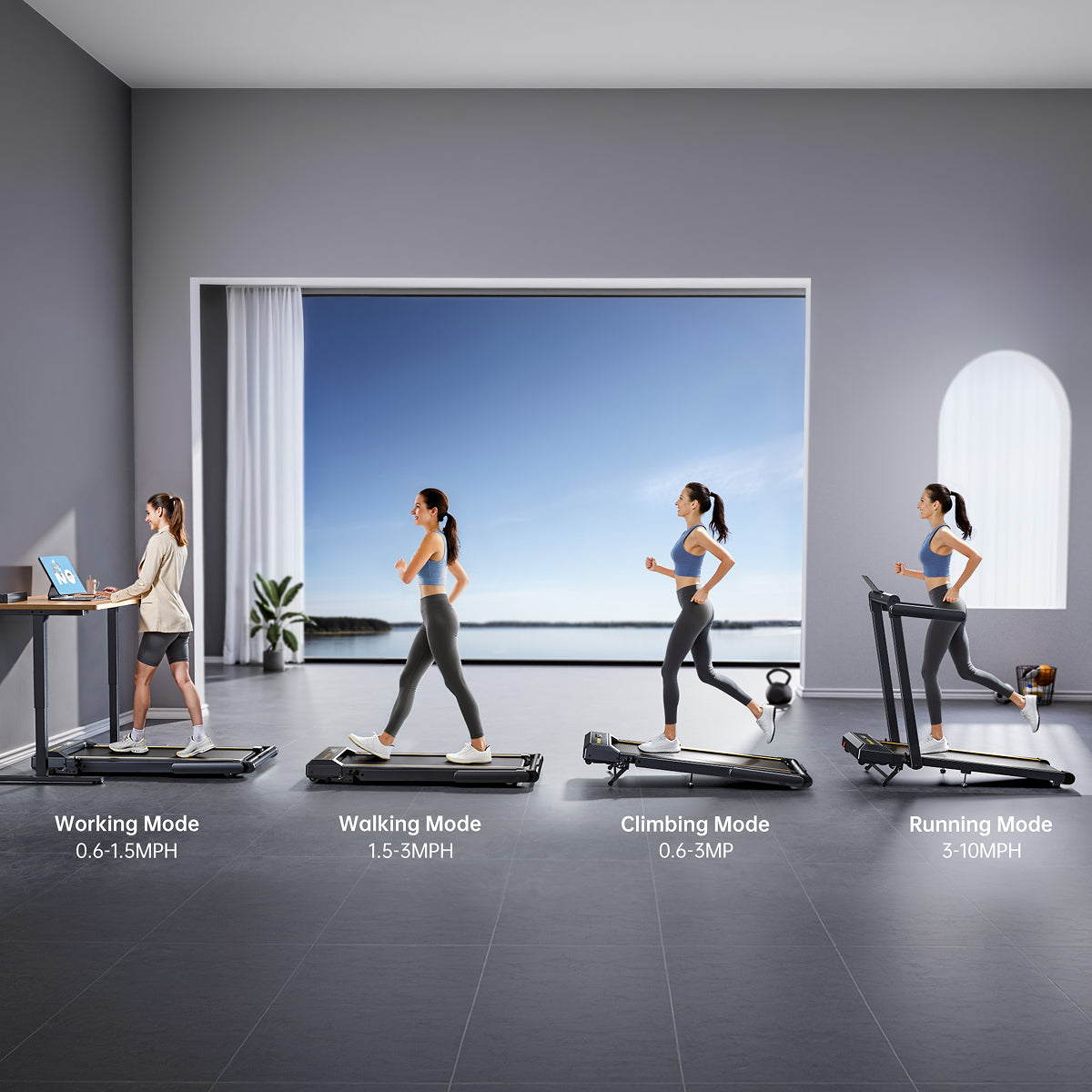 4 women using a treadmill in different ways: walking, running, working at a desk, and climbing an incline,