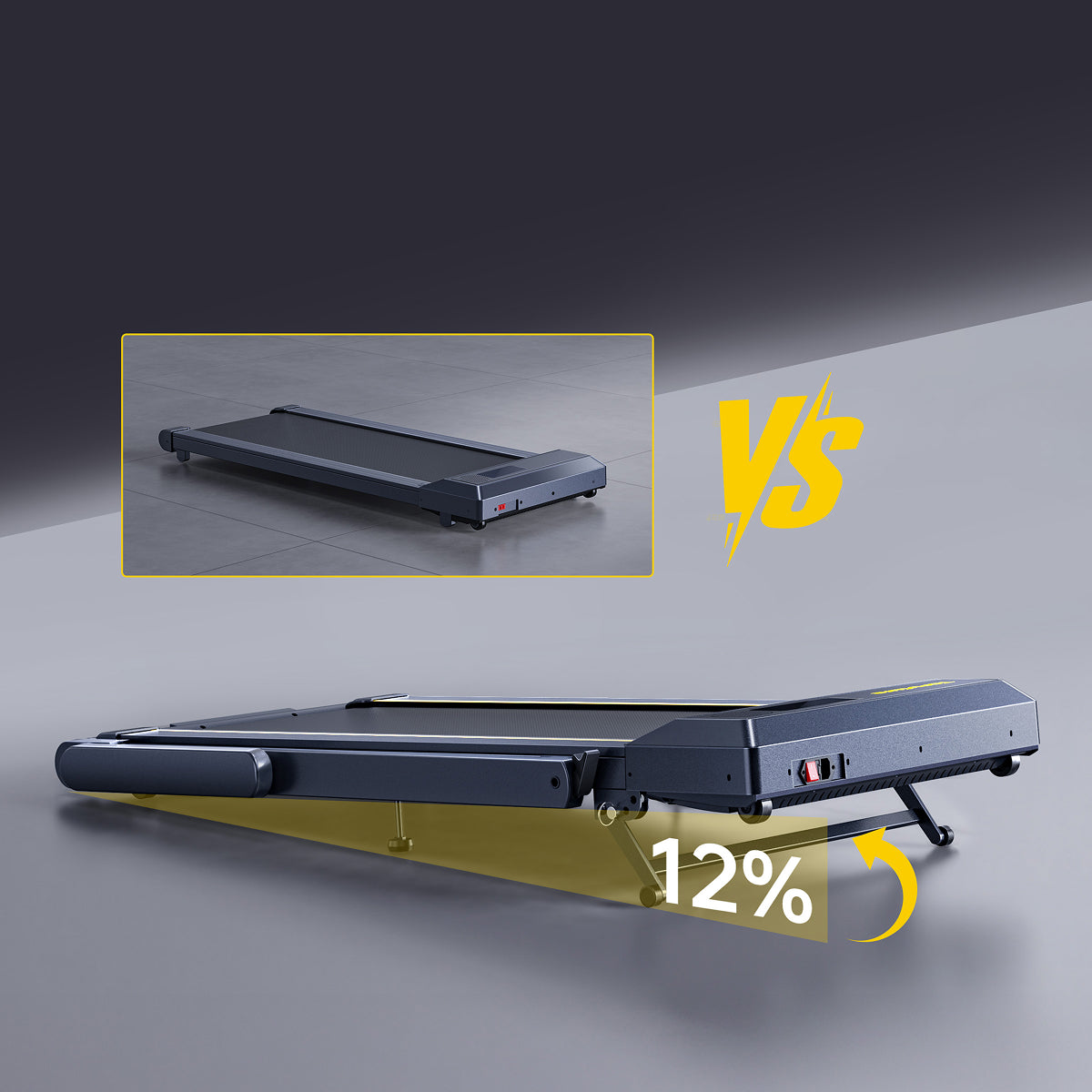 Side-by-side comparison showing TP5 treadmill on a flat setting and at a steep 12% incline for versatile home training.