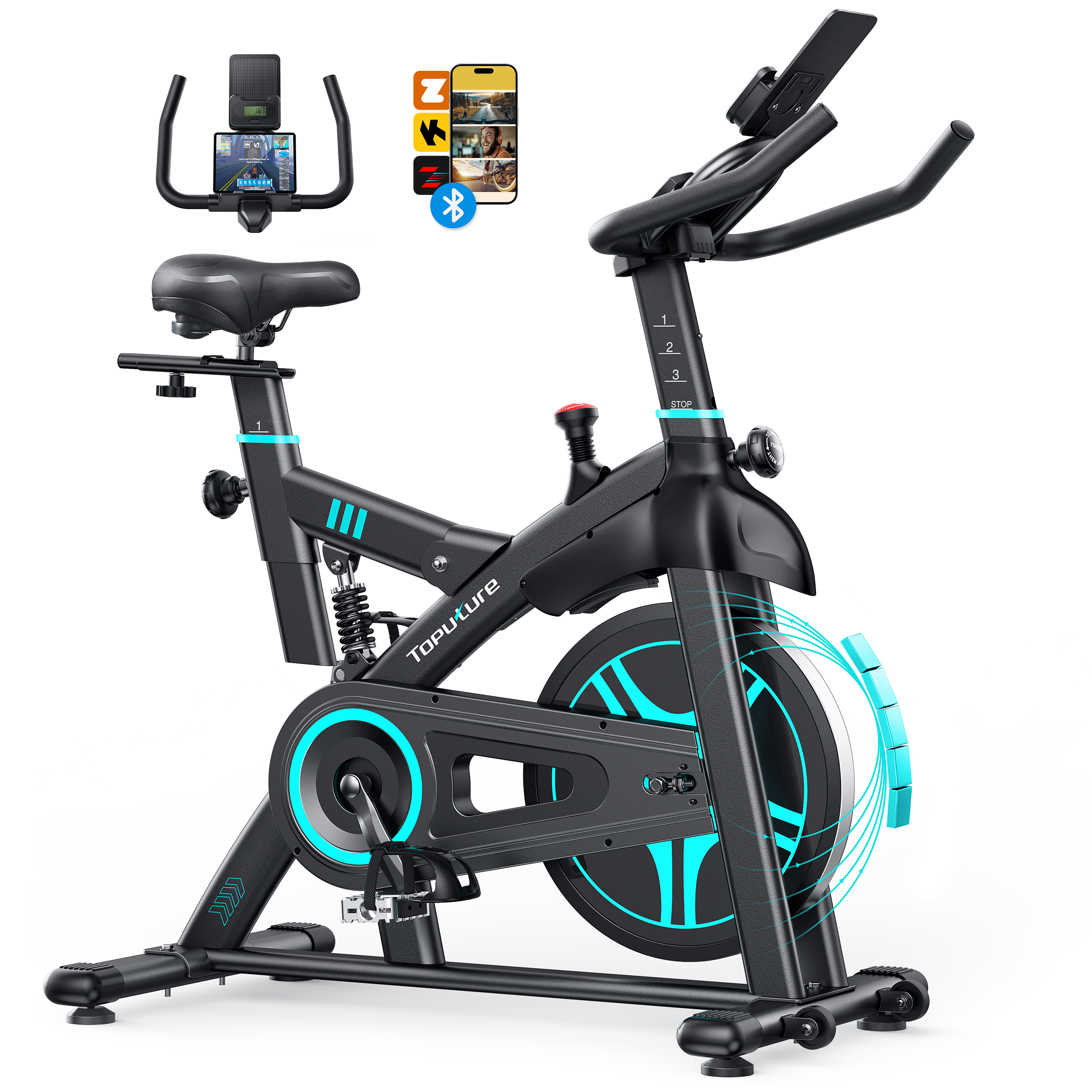 A full white-background image of the exercise bike showing its complete structure, including handlebars, compatible fitness apps.