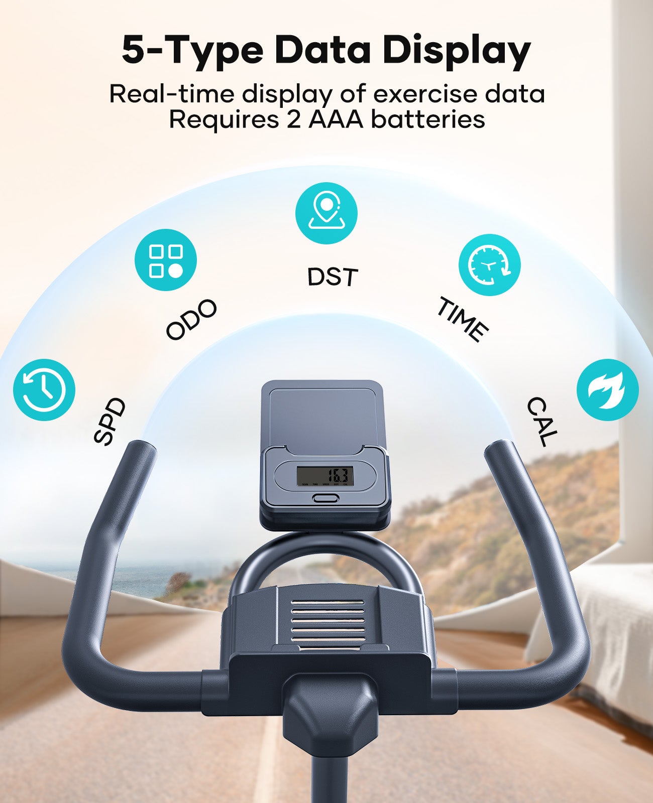 Close-up of the exercise bike’s handlebars showing real-time data such as SPD, ODO, DST, TIME, and CAL.