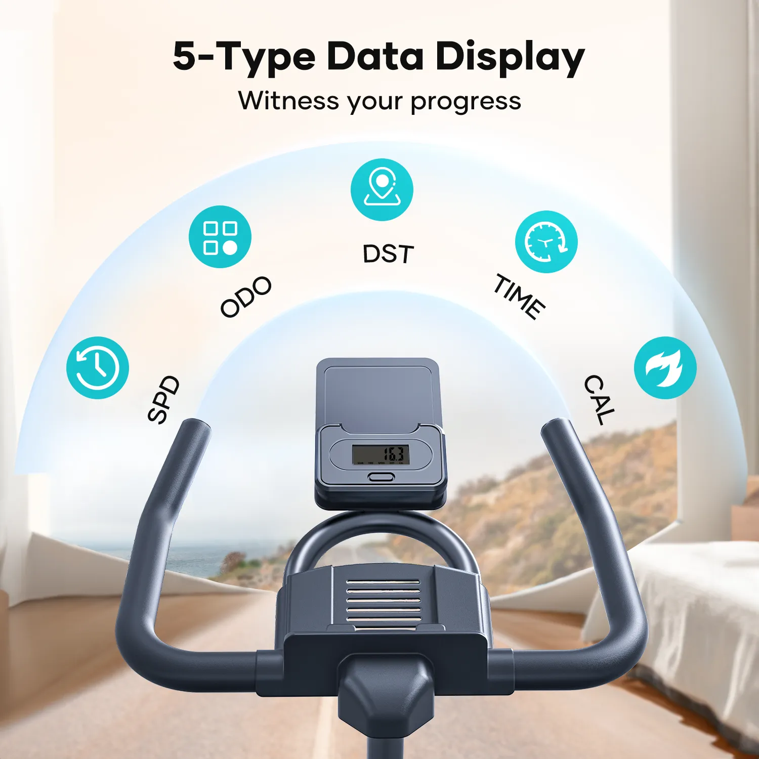 Close-up of the exercise bike’s handlebars showing real-time data such as SPD, ODO, DST, TIME, and CAL.